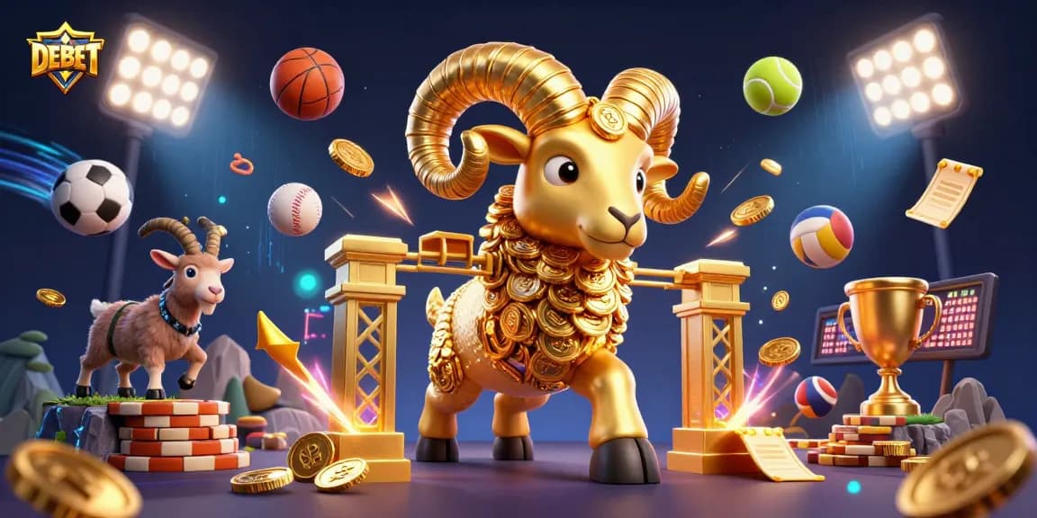 DEBET showcases thrilling sports betting excitement with dynamic balls and vibrant casino elements.