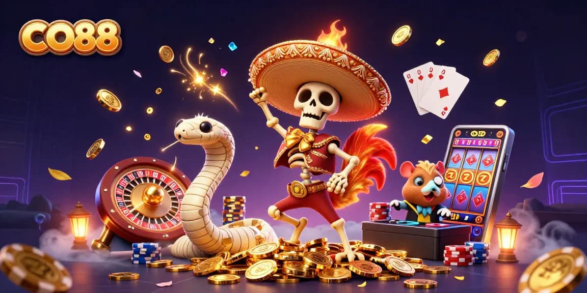 Experience an exciting CO88 gaming atmosphere with vibrant characters celebrating big wins amidst casino riches.