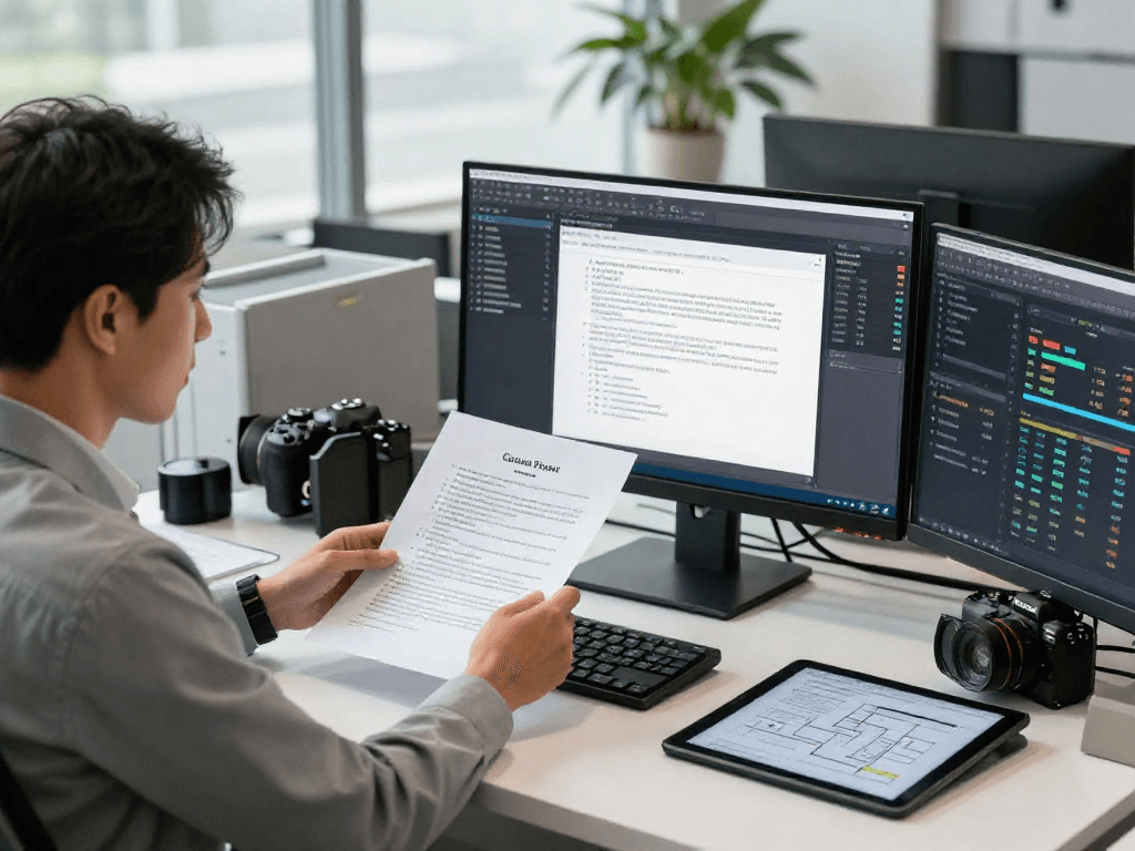 Document fraud detection analysis in a modern office showcasing high-tech forensic tools and suspicious document examination.
