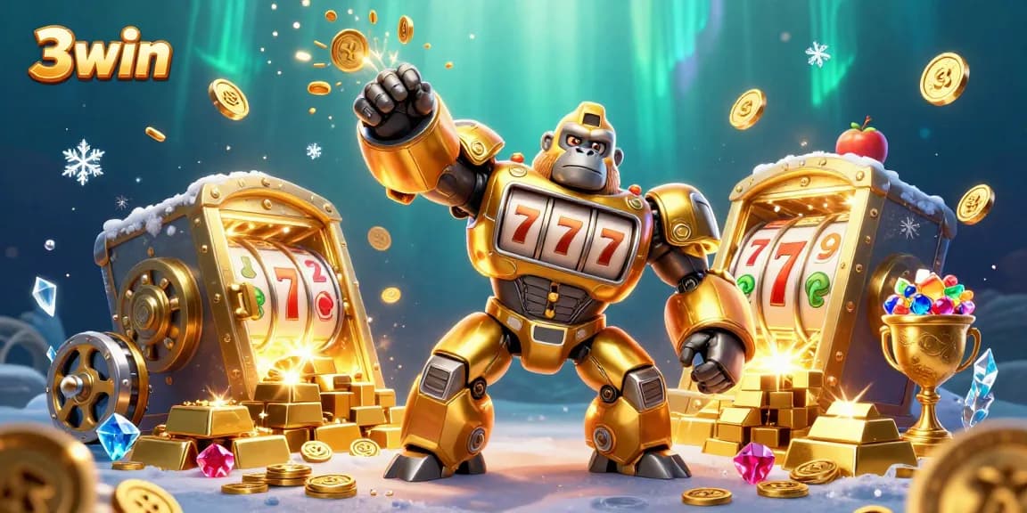 3win features a golden gorilla mech amidst glittering treasures, perfect for slot enthusiasts.