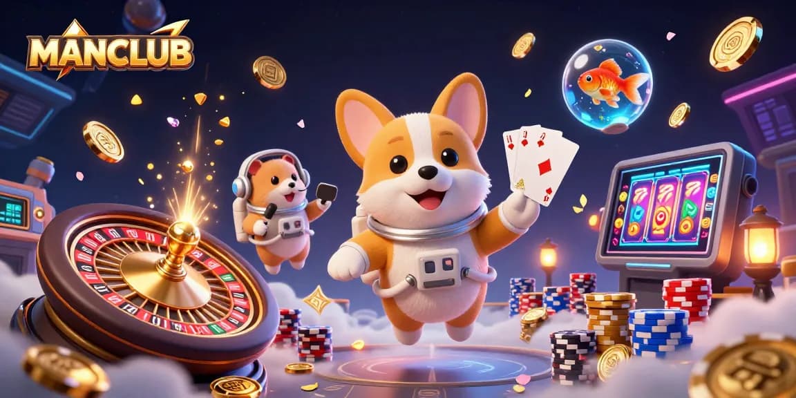 Experience winning strategies at MANCLUB in a bustling 3D casino scene with engaging characters and dynamic gaming elements.