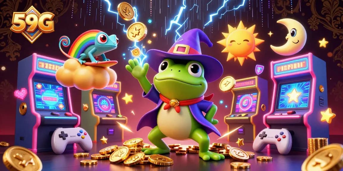 Experience thrilling gameplay with 59G, highlighted by a wizard frog and a rainbow chameleon.