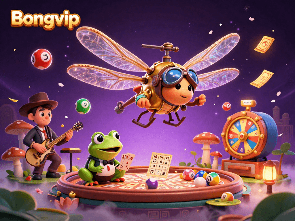 Bongvip offers an exciting gambling experience with a vibrant scene of a dragonfly pilot, frog croupier, and cricket musicians in a dynamic casino environment.