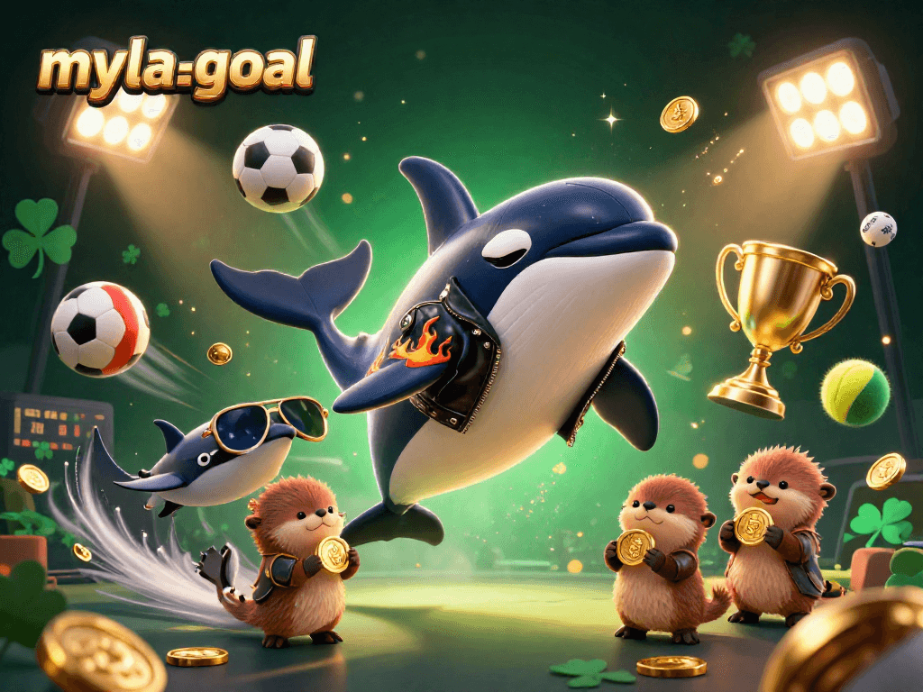 The dynamic myla-goal scene features a 3D cartoon orca whale jumping with sports balls, coins, and festive elements around it.