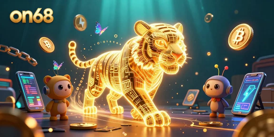 Experience thrilling moments at on68 with a neon tiger and crypto elements in this vibrant casino scene.