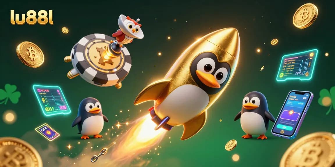 Play the thrilling games at lu88l with a golden penguin rushing through a vibrant casino universe!