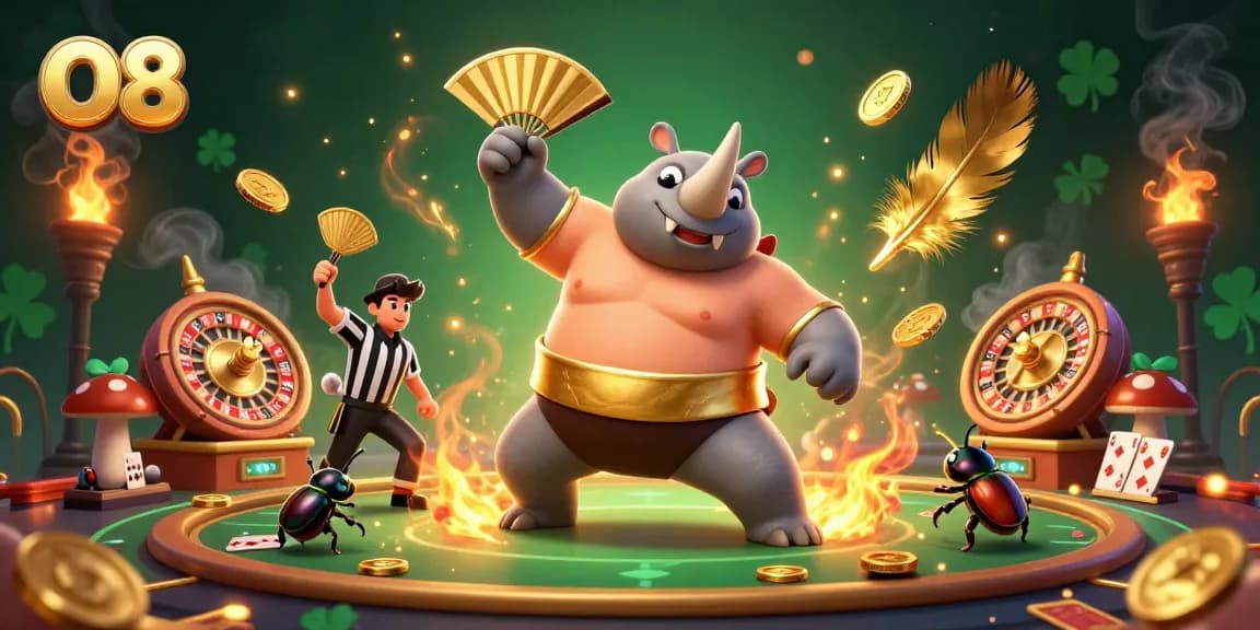 O8 showcases a thrilling live casino scene with a sumo champ and golden coins flying