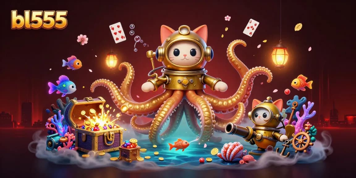Experience the thrilling gaming adventure at bl555 with a kraken, diving cat, and treasures.