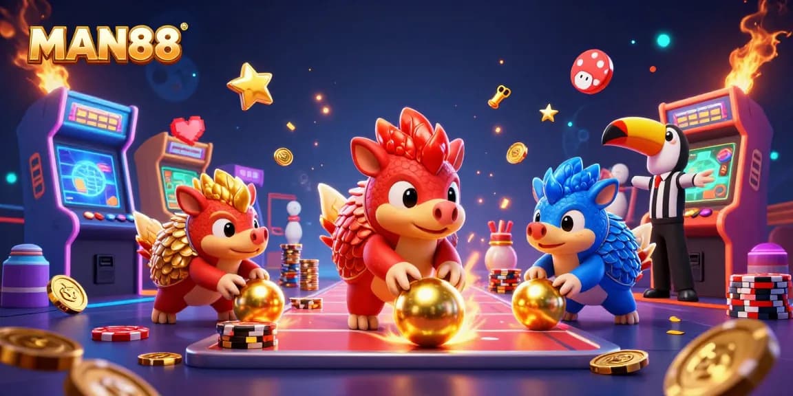 MAN88 pangolins compete in a vibrant casino scene filled with golden chips and arcade games.