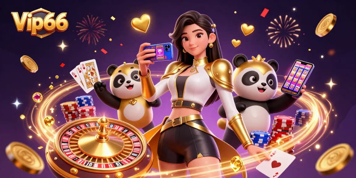 Vip66 players engage in a vibrant casino experience with a 3D Asian woman and a golden panda mascot.