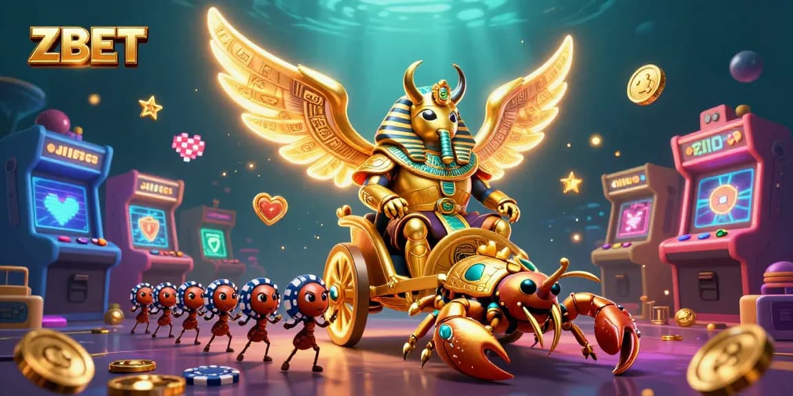 ZBET offers captivating gaming adventures featuring a vivid casino scene of a golden scarab beetle and more.