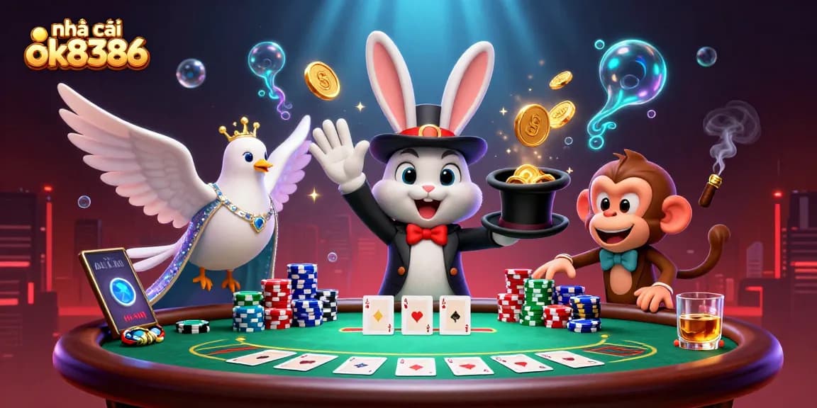 Experience the magic at nhà cái ok8386 as the rabbit conjures golden coins and poker chips fly!