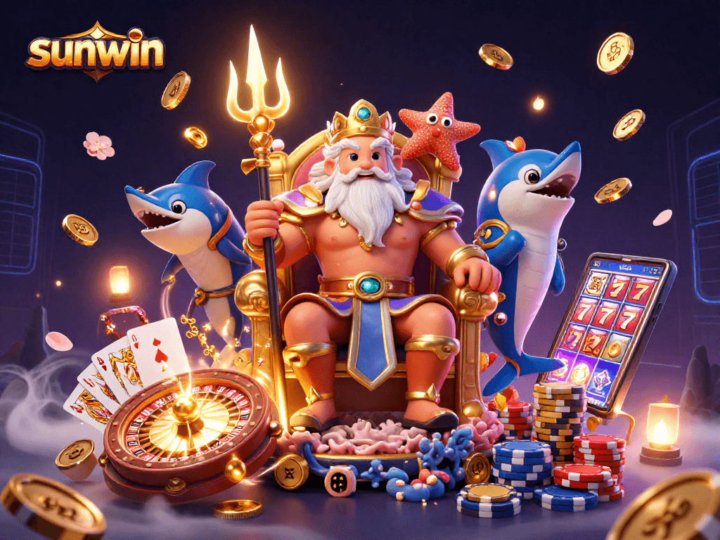 Experience thrilling wins with Sunwin’s vibrant 3D casino fantasy illustration showcasing luxurious gaming elements.