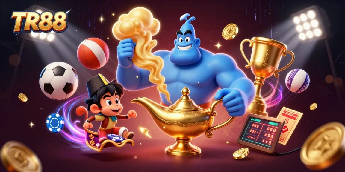 Win big at TR88 with a vibrant 3D scene featuring a genie, monkey, and flying poker chips.