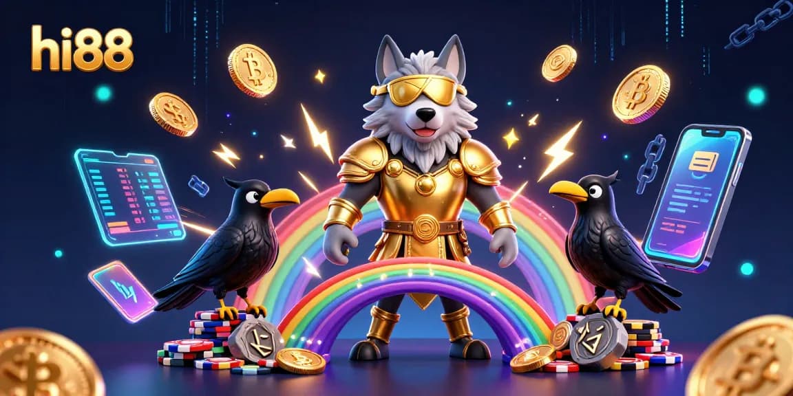 Join the hi88 gaming adventure with Odin and his ravens, amidst casino chips and crypto coins!