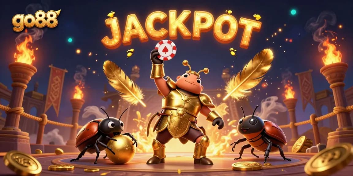 Experience the thrill of go88 with a cartoon hercules beetle celebrating a jackpot in an exciting casino scene.