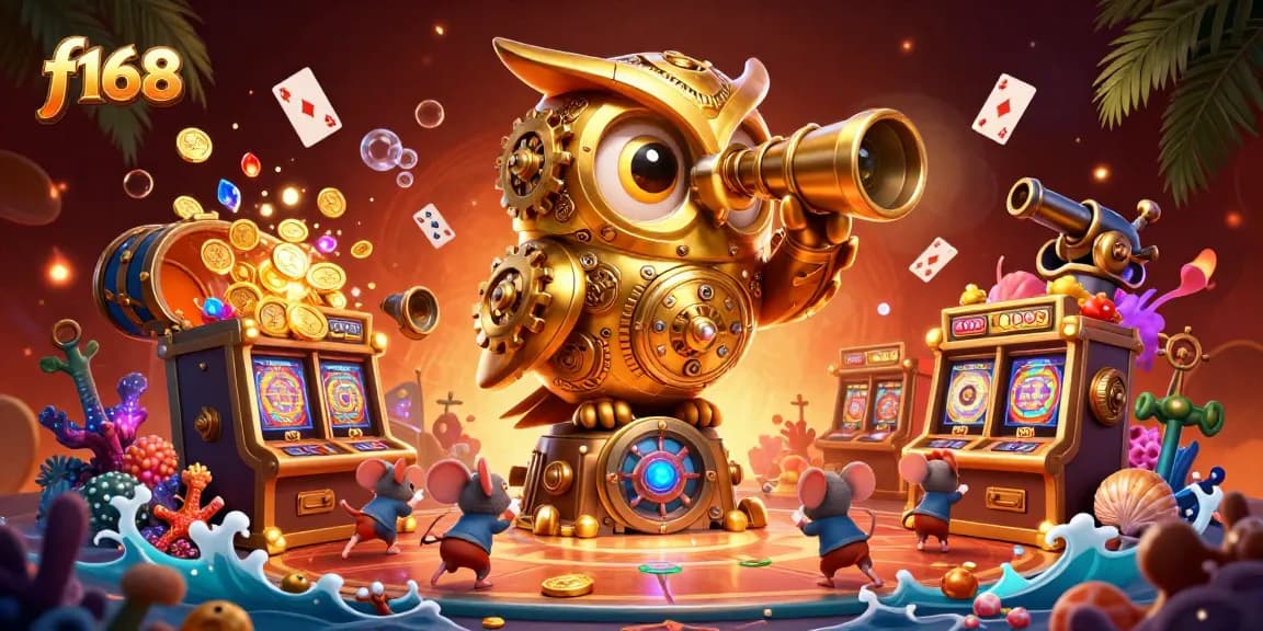 Win big at f168 with a vibrant 3D casino scene showcasing dynamic golden owl and lively gameplay elements.
