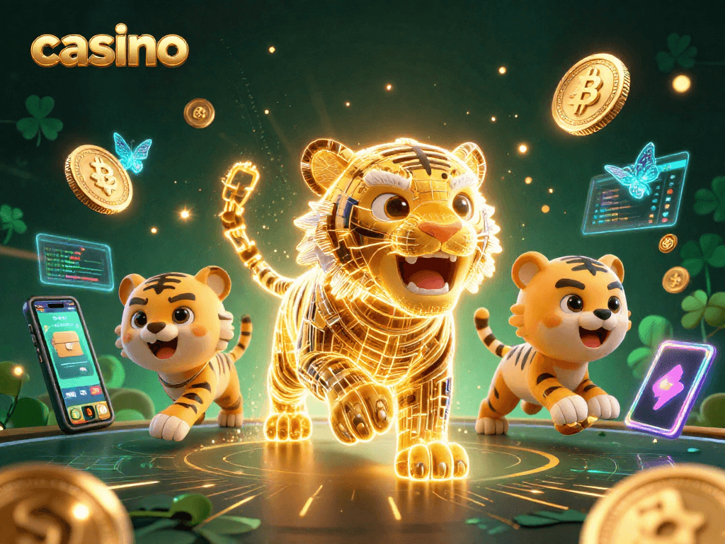 Experience a vibrant casino scene with a golden tiger and crypto symbols. Engage in gaming excitement.