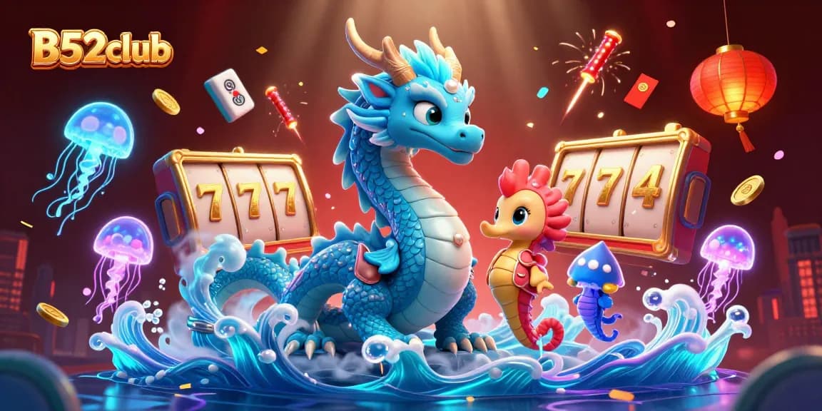 B52club showcases a vibrant 3D digital illustration of a majestic azure water dragon spinning slot reels with glowing coins.
