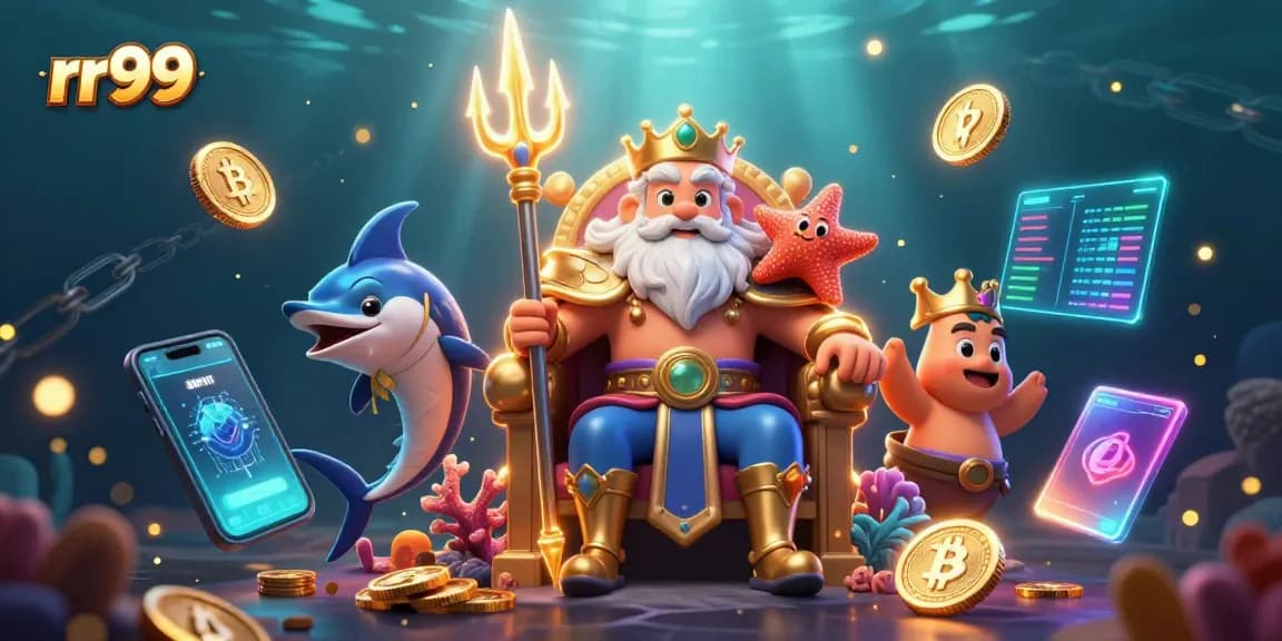 Win big with rr99 as Neptune oversees an underwater casino scene filled with treasures and cryptocurrency.