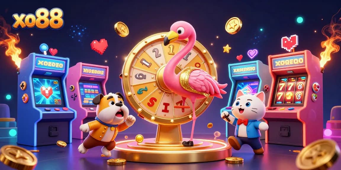 Engage in thrilling gaming with xo88's vibrant 3D illustration featuring prizes and excitement.