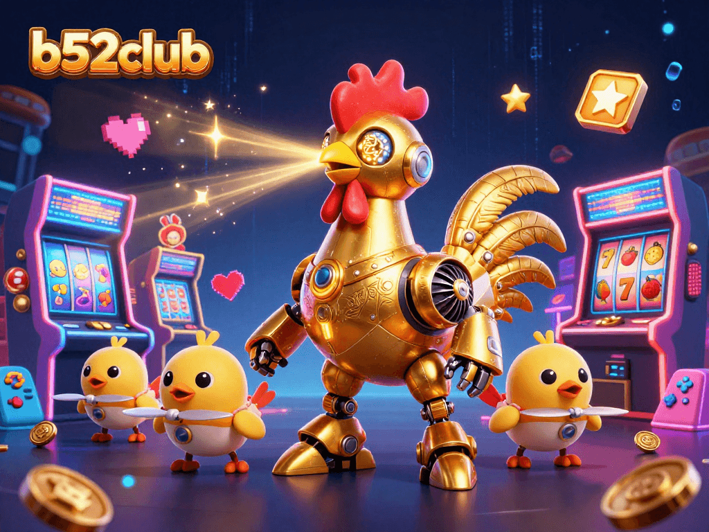 Join the excitement at b52club with a vibrant scene featuring a golden rooster robot and arcade elements.