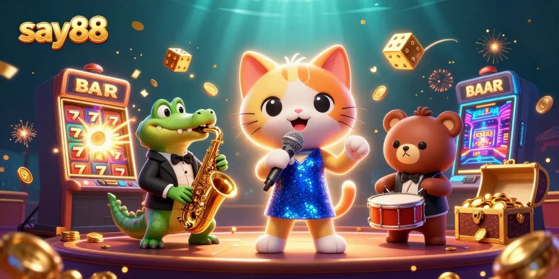 Spin and win coins at say88 with a dazzling array of casino games and characters in a dynamic scene.
