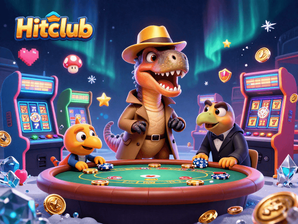 Hitclub showcases a velociraptor card counter amid a dynamic, colorful casino scene.