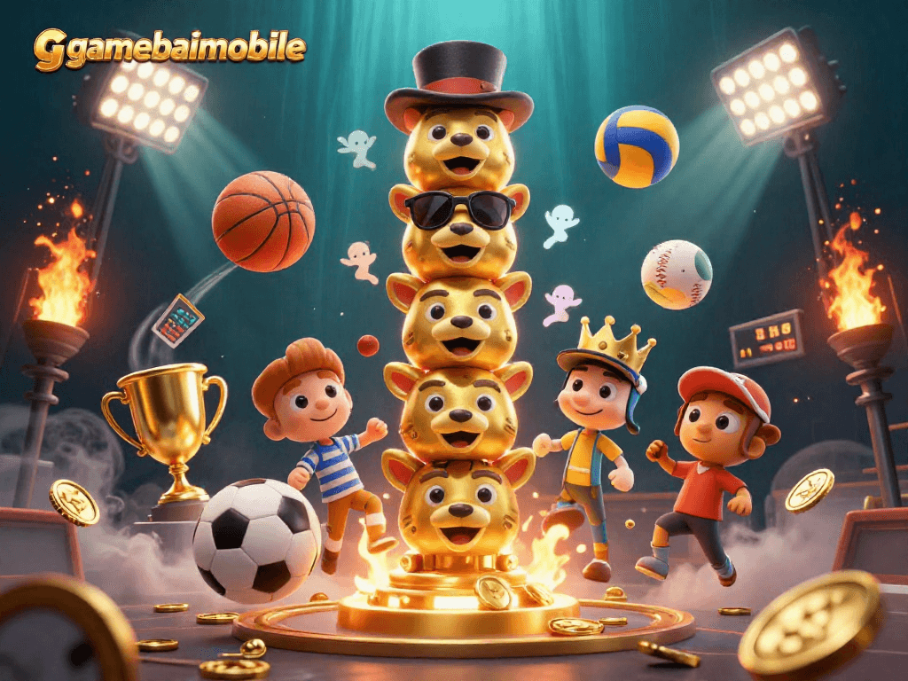 Catch the action in gamebaimobile’s vibrant 3D scene featuring a golden totem pole and dynamic sports elements.