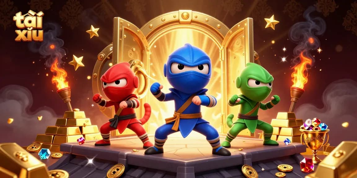 Experience thrilling tài xỉu action with 3D chameleon ninjas surrounded by golden treasures.