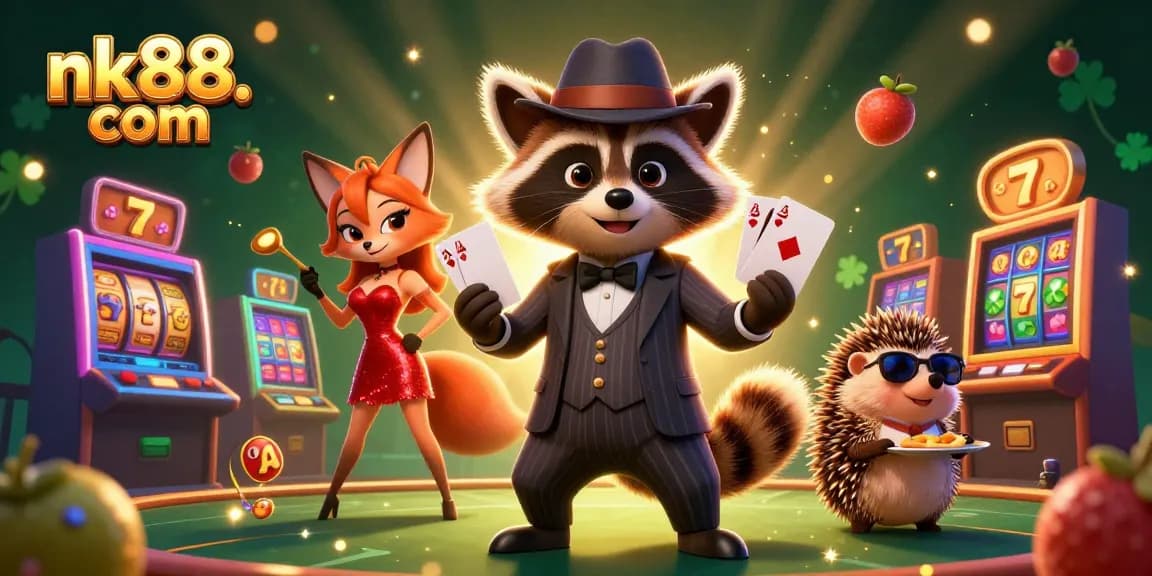 Experience thrilling gameplay at nk88. com with colorful slots and dynamic characters in a vibrant casino setting.