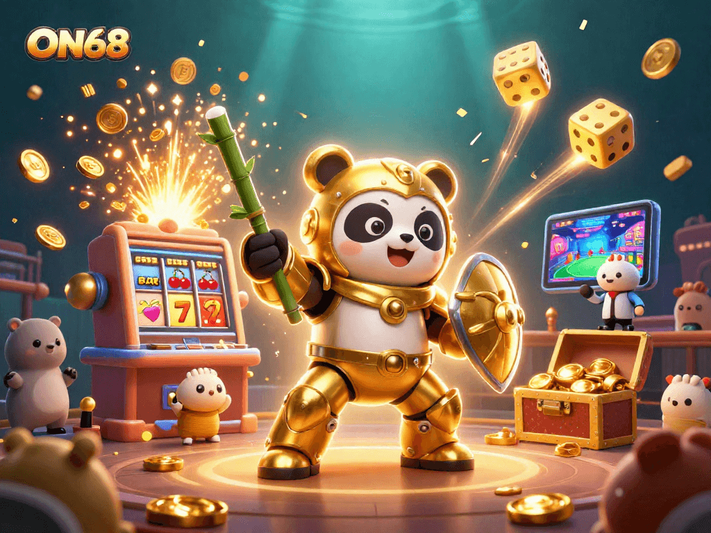 Experience thrilling action at ON68 with a golden panda in a mech fighting robot amid casino excitement