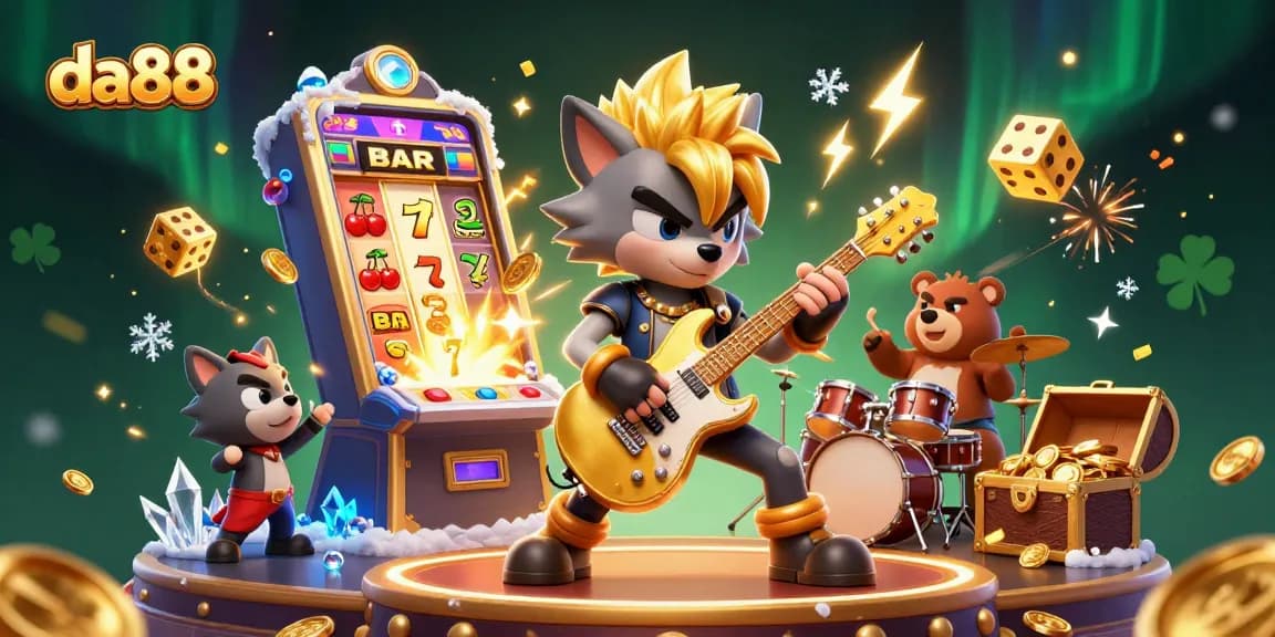 Experience the thrill of da88 with a vibrant casino scene featuring a rock star wolf and exciting jackpots.