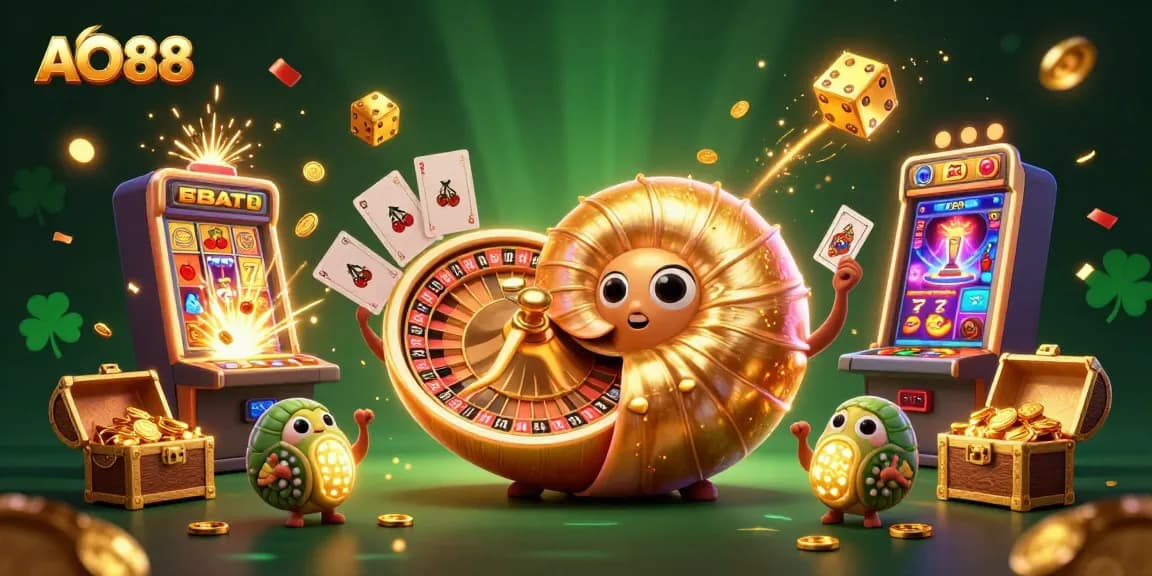 Experience winning at AO88 with a dynamic casino-themed 3D illustration of gaming action and excitement.