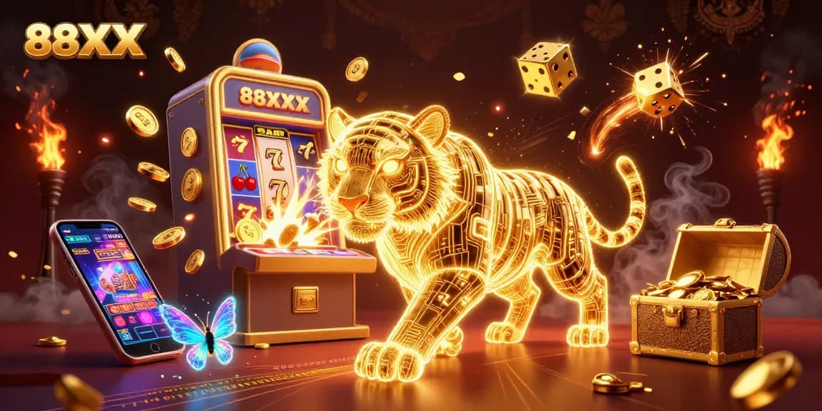 Experience the vibrant world of 88XX with a golden tiger in a digital casino bursting with excitement and jackpots.