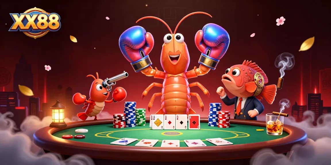 Engage in thrilling poker games with XX88 at a vibrant digital casino featuring 3D characters.