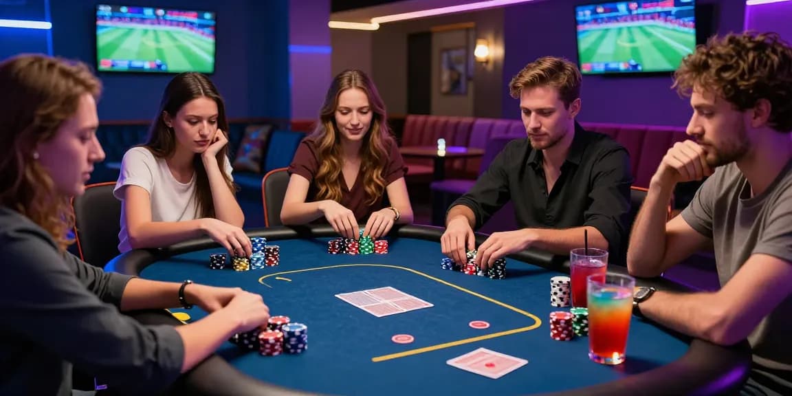 LUCK8 friends enjoying a lively poker game in a stylish gaming lounge