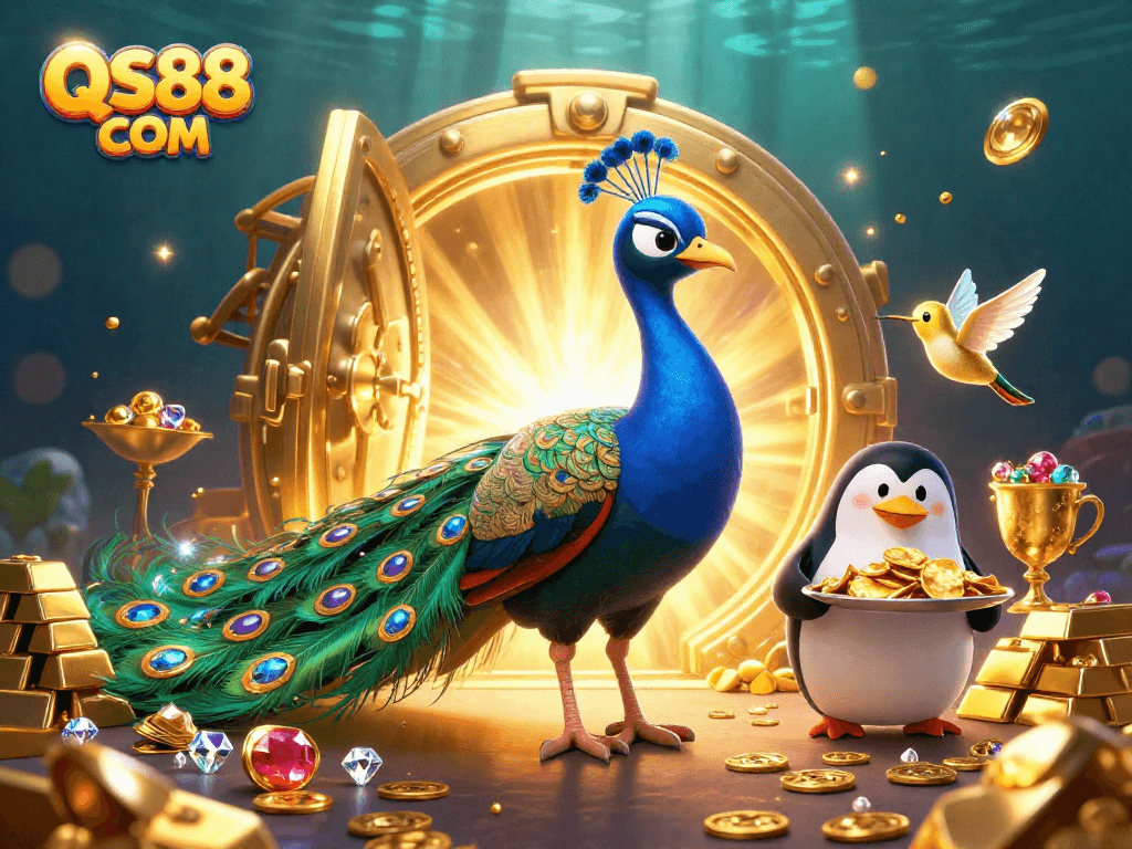 Join the fun at QS88 COM with a dazzling casino scene featuring vibrant characters and golden treasures.