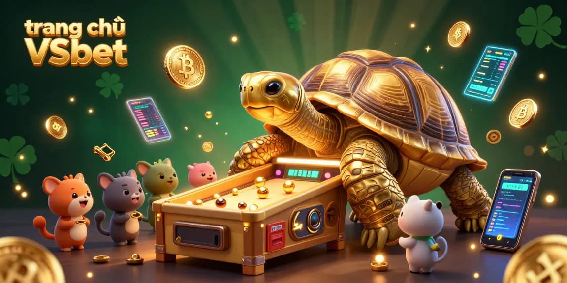 Experience the energy of trang chủ VSbet with a vibrant casino scene featuring a golden tortoise, crypto coins, and excited players.