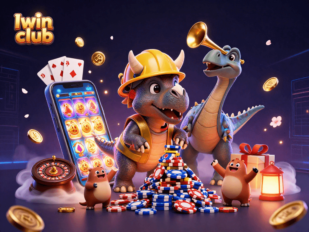 Iwin club celebrates casino fun with a triceratops building poker chip pyramids and a parasaurolophus tooting a trumpet.