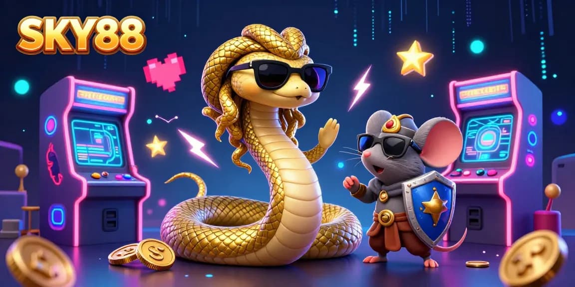 Join the excitement of SKY88 with Medusa and a warrior mouse in a vibrant casino scene.