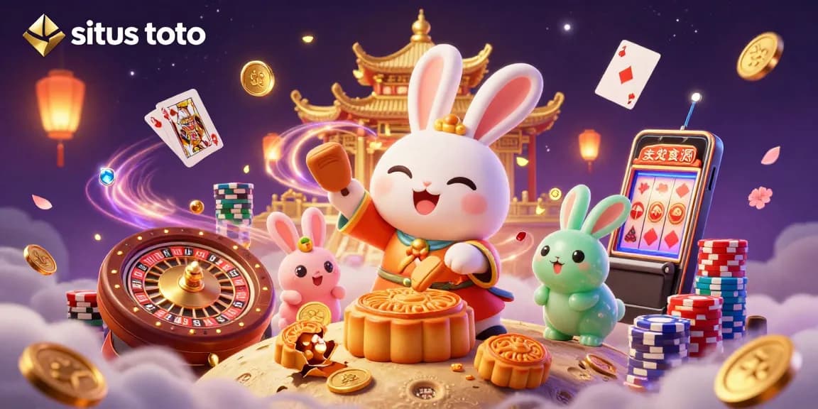 Situs toto showcases a vibrant 3D casino scene featuring a moon rabbit with poker chips and golden coins.
