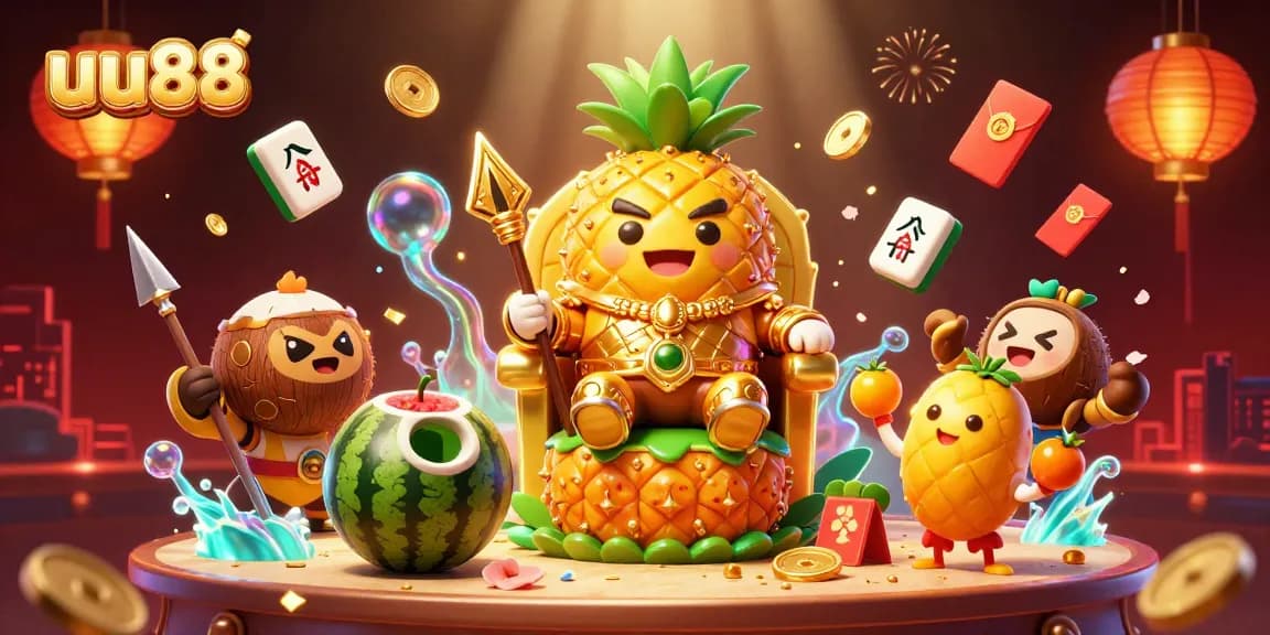Experience exciting wins at uu88, featuring a vibrant beach casino scene with a golden pineapple king and vibrant game elements.