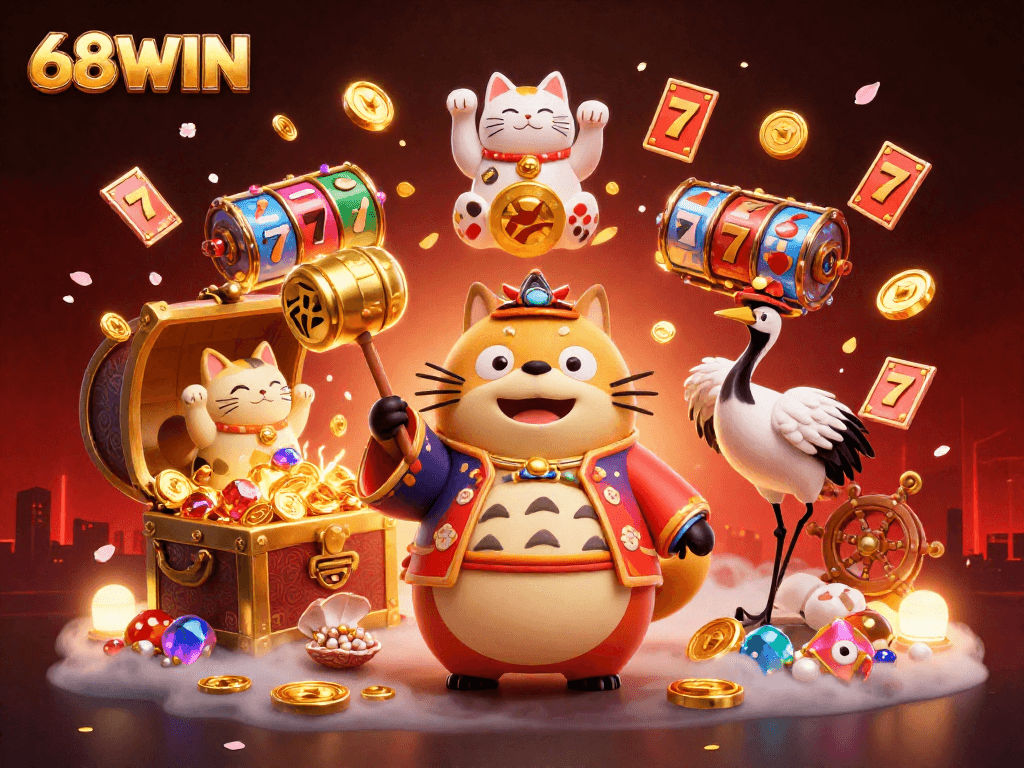 Experience the excitement at 68WIN with a vibrant illustration of a cheerful tanuki and lucky symbols in a dazzling casino.