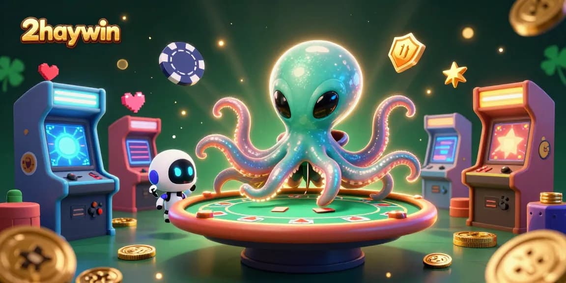 Engage with 2haywin’s vibrant gaming universe featuring an alien octopus at a holographic poker table.