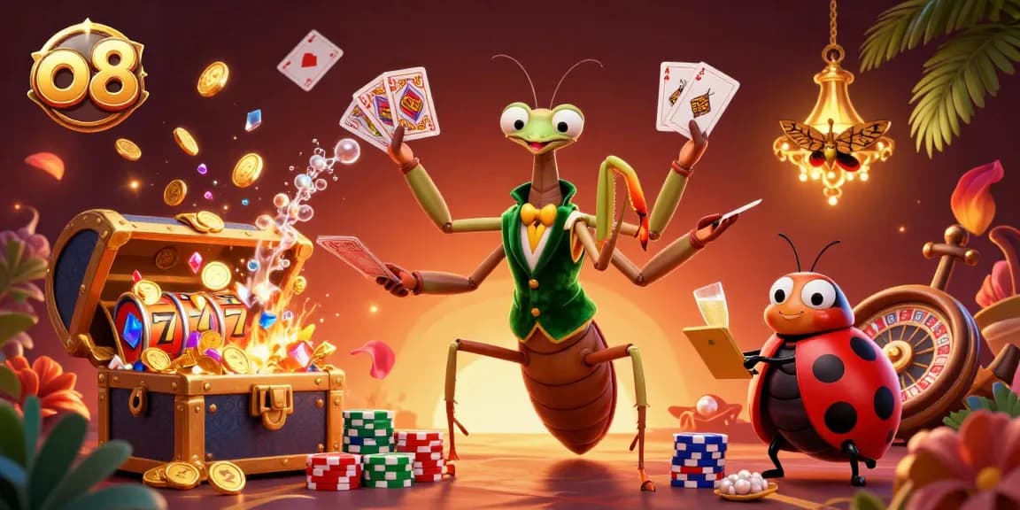 Engage in thrilling gameplay at o8, watching the giant mantis dealer amidst vibrant casino elements.