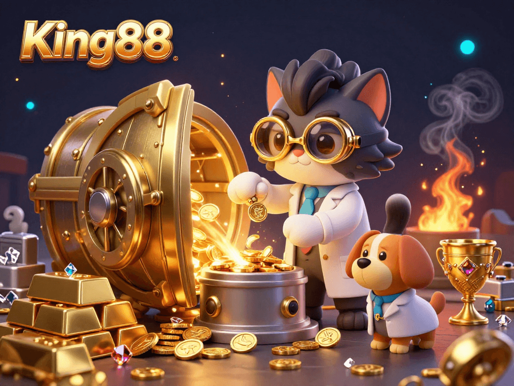 King88 captivates with a lively scene of a mad scientist cat and dog amidst sparkling gold and diamonds.