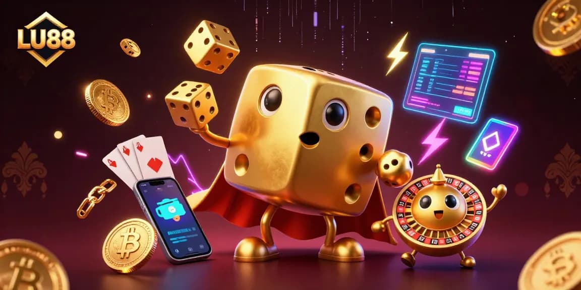 Lively LU88 advertisement featuring a golden dice golem and crypto elements for online gaming enthusiasts.