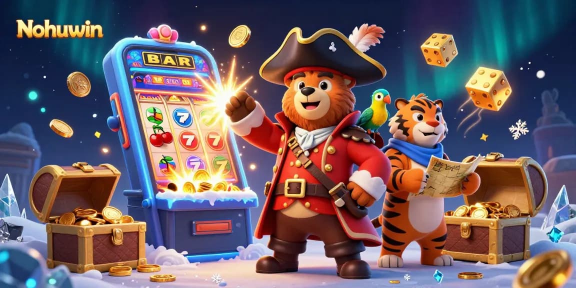 Nohuwin offers an exciting jackpot scene with pirate bear, tiger, and treasure elements for thrilling gaming.