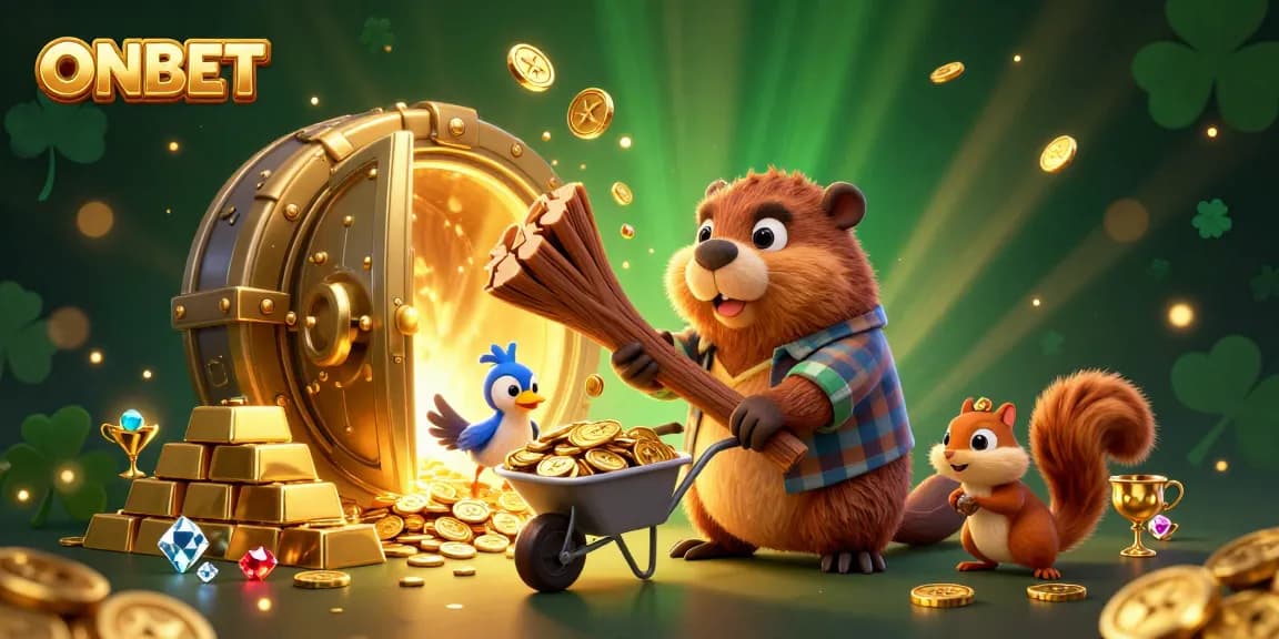 Engage with ONBET as the cartoon lumberjack beaver collects golden coins in a rich casino scene.